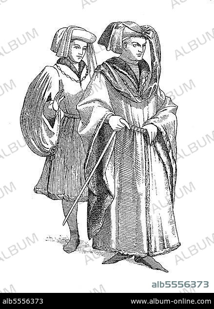 Französische Bürger um 1430, Hüte mit Sendelbinde, überlangen Zipfel der Kopfbedeckung, frankreich, Modegeschichte, Kostümgeschichte, Historisch, digitale Reproduktion einer Originalvorlage aus dem 19. Jahrhundert.