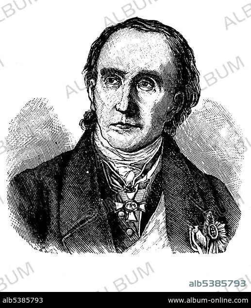 Heinrich Theodor von Schoen, 1773 - 1856, a Prussian statesman, wood engraving, about 1880.