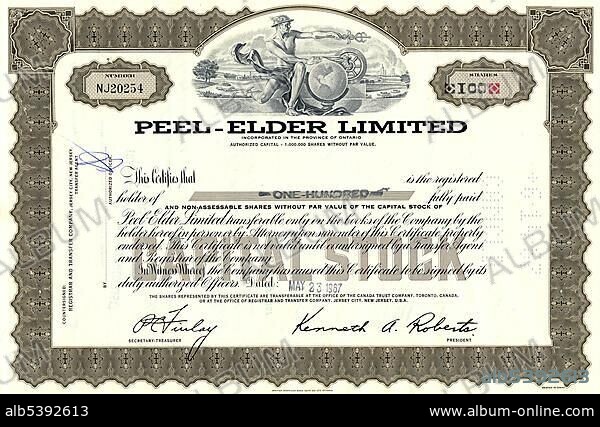 Historical stock certificate, mining company, real estate, Peel-Elder Limited, 1967, Peel Village Development in Brampton, Ontario, Canada, North America.