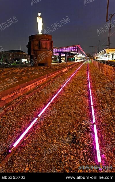 Rail trail from LEDs, artistic lighting installation, Museumsbahnsteig museum platform Oberhausen, Ruhrgebiet region, North Rhine-Westphalia, Germany, Europe.