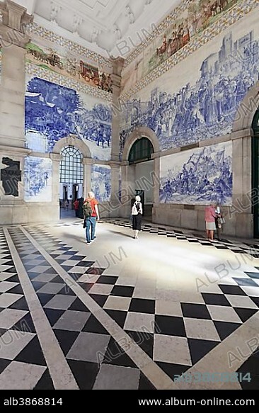 Entrance hall, azulejo, central station Sao Bento, Porto, Region Norte, Portugal, Europe.