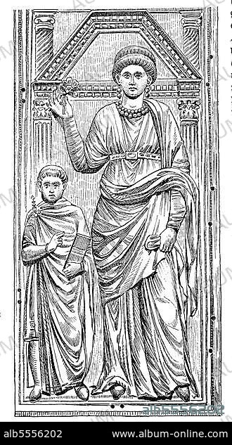 Galla Placida und ihr Sohn Valentinian III. Aelia Galla Placidia, 388, 27. November 450, eine Tochter des römischen Kaisers Theodosius I. Enkelin von Valentinian I. Mutter des späteren Kaisers Valentinian III. Historisch, digital restaurierte Reproduktion einer Originalvorlage aus dem 19. Jahrhundert, genaues Originaldatum nicht bekannt.