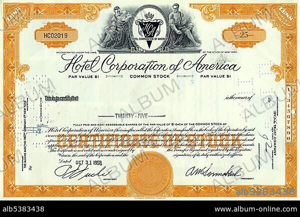 Historic share certificate, Hotel Corporation of America, HCA, hotel, motor hotel, restaurant, New York, 1958, USA, North America.