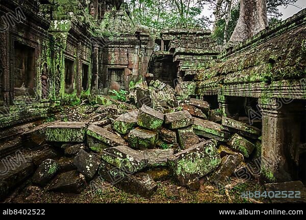 Ancient stone ruins of Ta Prohm temple, Angkor, Cambodia, Asia.