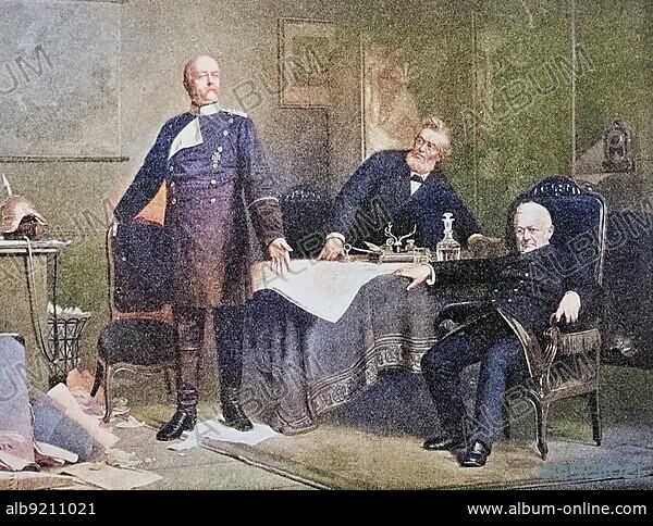 Bismarck negotiating with Thiers and Favre at Versailles. The Treaty of Versailles of 1871 ended the Franco-Prussian War and was signed on 26 February 1871 by Adolphe Thiers, the representative of the Third French Republic, and Otto von Bismarck, the representative of the German Empire. The Franco-Prussian War, 1870-1871, Historical, digitally restored reproduction from a 19th century original.