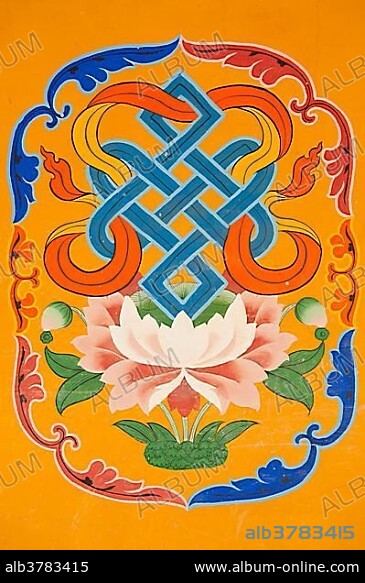 Tibetan Buddhism, mural painting, emblem, endless knot above a lotus blossom, Jokhang Temple, Lhasa, Ue-Tsang, Central Tibet, Tibet Autonomous Region, Himalaya Range, People's Republic of China, Asia.