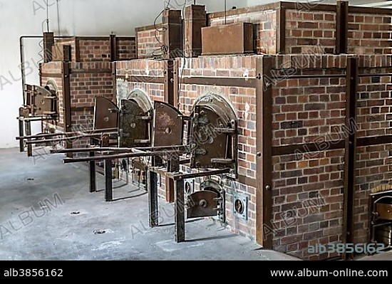 Ovens in the crematorium, Dachau Concentration Camp, Dachau, Bavaria, Germany, Europe.
