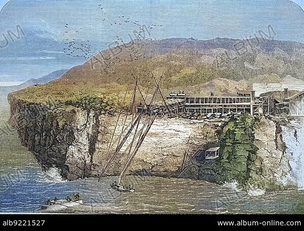 Mining of guano on Navassa Island, 1869, uninhabited island in the Caribbean Sea, Greater Antilles, Historic, digitally restored reproduction of an original 19th century artwork, exact original date unknown.