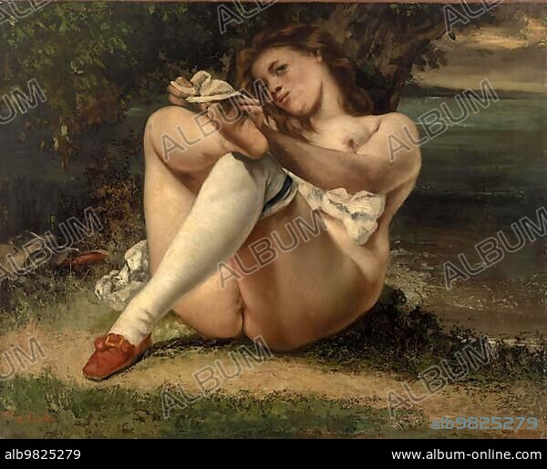 Nude Woman with White Stockings; painting by Gustave Courbet; ca 1870; Historic; digitally restored reproduction from a 19th century original.