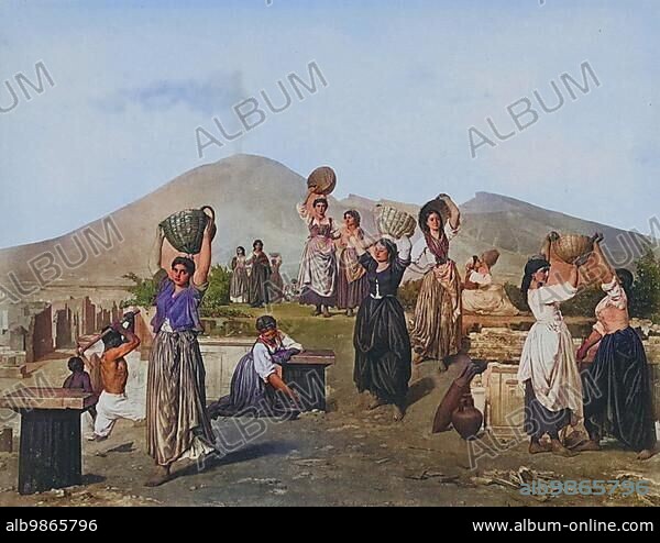 Photo reproduction of a painting by an unknown painter showing Italian woman excavating near Pompeii, 1878, Italy, Historic, digitally restored reproduction of a photograph by Giorgio Sommer, coloured, Europe.