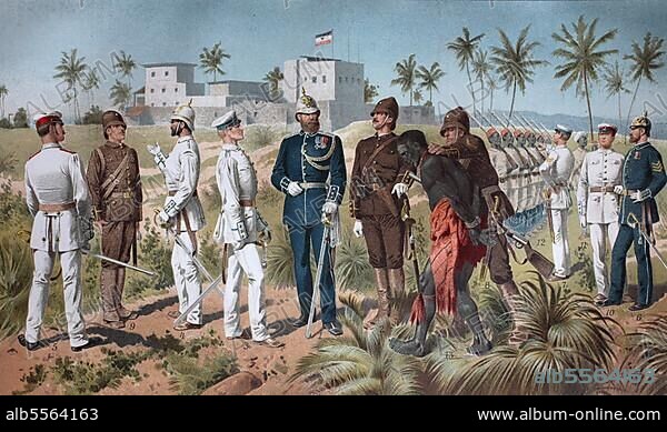 Verschiedene Uniformen der Schutztruppe, der Kolonialtruppen in den afrikanischen Gebieten des deutschen Kolonialreichs vom Ende des 19. Jahrhunderts bis 1918, digital restaurierte Reproduktion einer Originalvorlage aus dem 19. Jahrhundert.