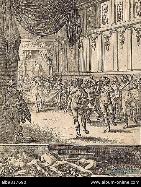 Slave girls dancing naked and playing music in front of being executed; 1610; Historic; digitally restored reproduction from a 19th century original.
