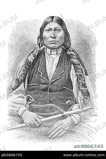 Arapaho native American named Sharp Nose. The Arapaho are a tribe of Native Americans historically living on the eastern plains of Colorado and Wyoming. Engraving from a magazine printed in 1880.