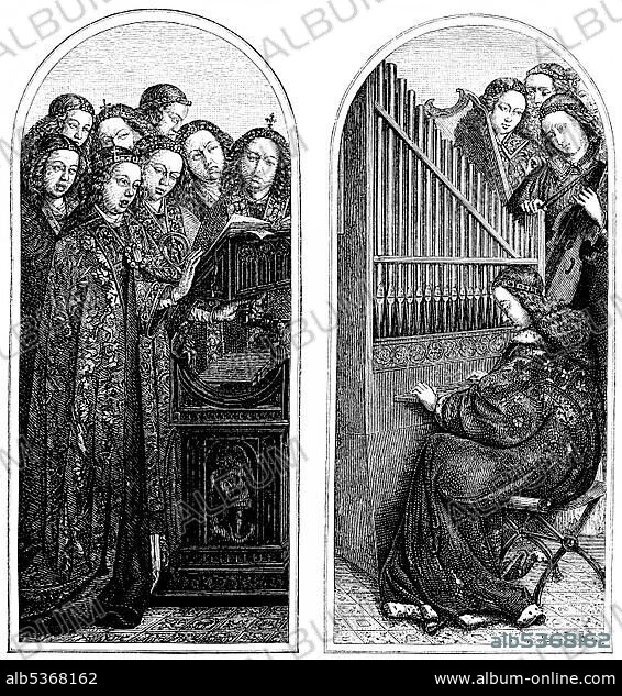 Historical drawing from the 19th Century, angels singing and making music, parts of the Ghent Altarpiece in the St. Bavo Cathedral originally created by Jan van Eyck, 15th Century.