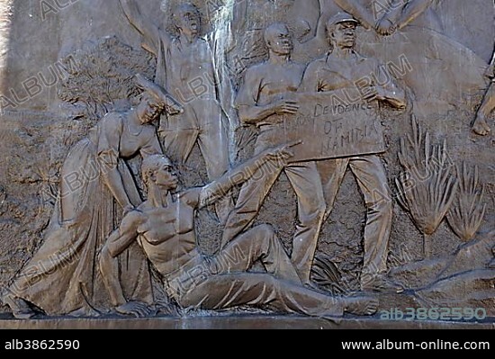 Wall panels with historical motifs from Namibian history on the Heldenacker or National Heroes' Acre, war memorial of the Republic of Namibia, near Windhoek, Auas Mountains, Khomas Region, Namibia, Africa.