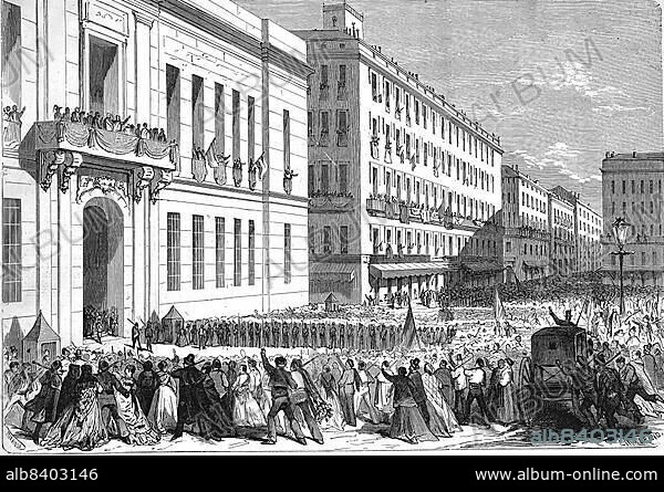 The Spanish September Revolution of 1868, triggered by Topete y Carballo together with the generals Juan Prim and Francisco Serrano, by which Queen Isabella II was deposed, Historical, digitally restored reproduction of an original 19th century master, exact original date unknown.