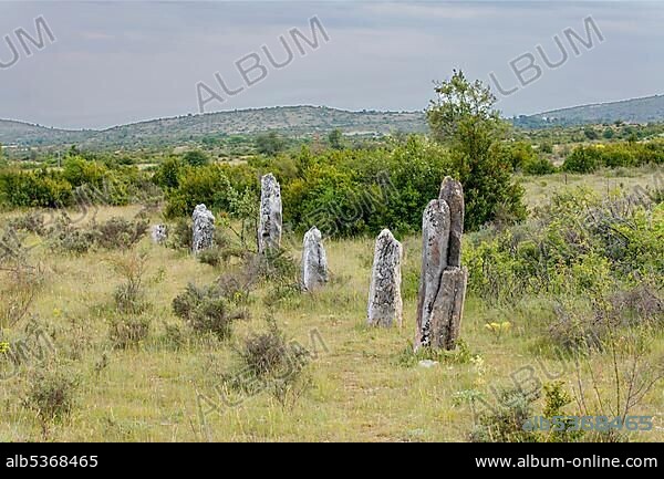 Standing stones of La Rigalderie, Causse of Blandas, The Causses and the Cevennes, Mediterranean agro-pastoral cultural landscape, UNESCO World Heritage, Cevennes National Park, UNESCO Biosphere Reserve, Lozere, France, Europe.