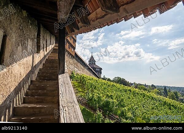 A view of the steep stairs leading up the city wall and to the castle above Esslingen on the Neckar.