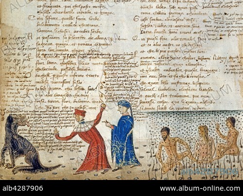 Dante Alighieri (1265-1321). Illustration from the 'Divine Comedy', Inferno (Hell), Canto VI : Dante and Virgil find themselves in the third circle where the gluttonous are punished under a continual and heavy storm of hail, snow and discolored water. Ciacco foretells the divisions with which Florence is about to be distracted. On left, Cerberus (with his threefold throat) rends the spirits into piecemeal.. Commented and annotated version by Arnesto Pidi (manuscript Triv.1083). 1471-1480. Manuscript on paper (308 x 215 mm). Milan, Biblioteca Trivulziana.
