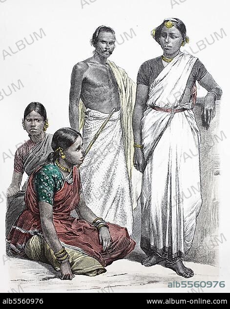 Folk traditional costume, clothing, history of costumes, Kling Hindus, Asians, East India, 1885, India, digitally restored reproduction of a 19th century original, exact date unknown, Asia.