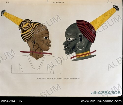 Jean-Francois Champollion, known as "Le Jeune". Heads of African prisoners. Painting from the Great Temple in Abou Simbel. Collection: Monuments from Nubia and Egypt. Jean-Francois Champollion, known as "Le Jeune" (1790-1832).