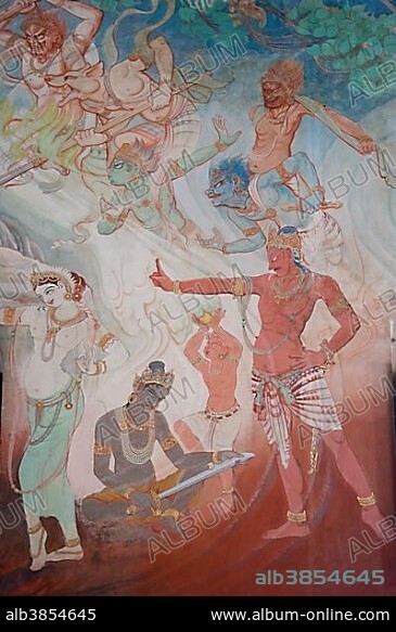 Mara devils attacking Buddha during his Enlightenment, detail of a wall painting of the Japanese artist Kosetsu Nosu representing the Life of Buddha, Mulagandha Kuti Vihara Buddhist temple, Sarnath, Uttar Pradesh, India, South Asia, Asia.