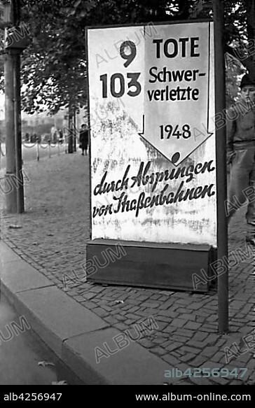 Traffic safety, warning sign, tram accidents, 1949, Leipzig, Saxony, GDR, Germany, Europe.