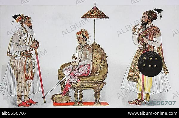 Kleidung, Mode in Indien, von 1600-1800, von links, ein vornehmer Schurke, eine Kaste der Hindus, dann Jihangir, Sohn von Akbar dem Großen, Großmogul von Indien, 1559-1627, dann der letzte Herrscher der mohammedanischen Dynastie des Königreichs von Golkonda, digital restaurierte Reproduktion einer Originalvorlage aus dem 19. Jahrhundert.