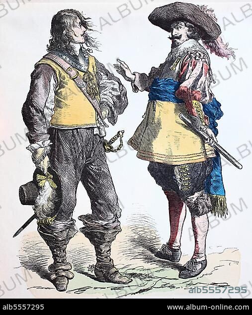 Folk traditional costume, clothing, history of costumes, English and Flamlanders, 1640, England, Belgium, digitally restored reproduction of a 19th century original, exact date unknown, Europe.