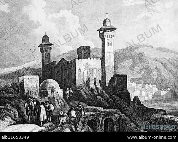 Hebron in Palestine with Abraham's tomb, mosque, domed building, people, mountain landscape, Old Testament, Bible, historical illustration 1854.