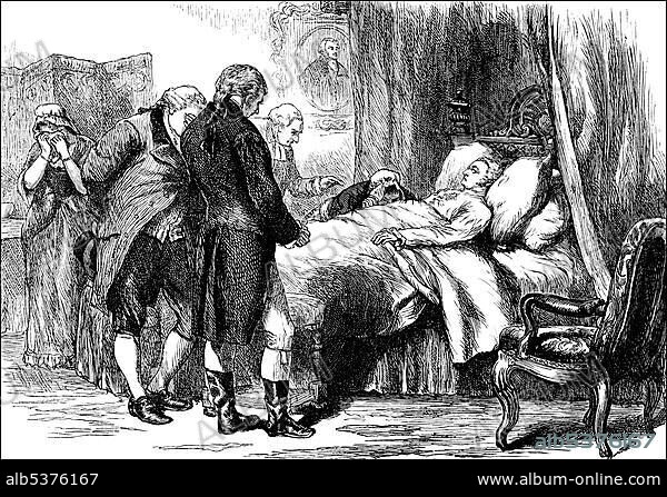 Historical drawing, US-American history, 18th century, the death of George Washington, 1732 - 1799, first President of the United States of America between 1789 and 1797.