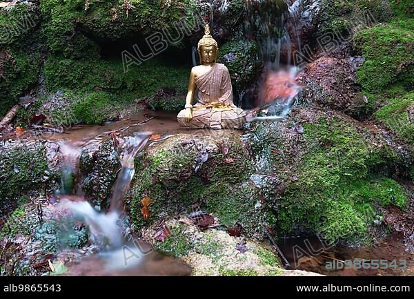 Buddha statue sitting in a river with rocks and green moss and with a waterfall with splashing water effect.