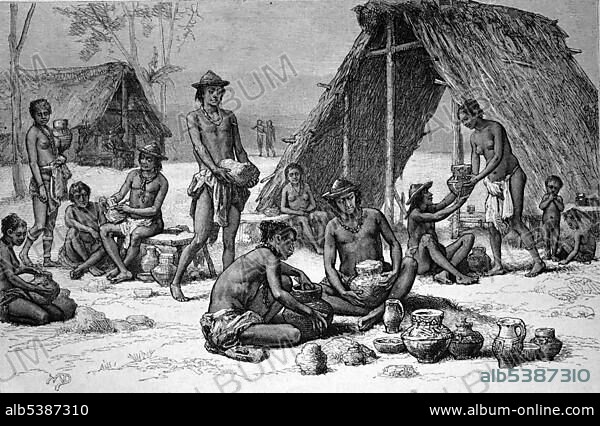 Galibi Indians making pottery, South America, historical illustration, circa 1886.