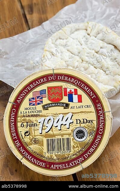 French Camembert cheese, raw milk cheese from Normandy, packaging in memory of the D-Day landings during World War II in Normandy, France, Europe.
