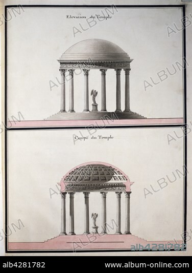 Richard Mique. "Recueil des plans du Petit Trianon". Folio 21: Elevation and cross section of the Temple de l'Amour. Watercolour on paper. Biblioteca Estense, Modena.