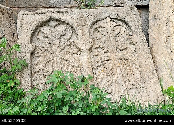 Traditional Armenian cross-stone, khachkar, at Tatev Monastery near Goris, Armenia, Asia.