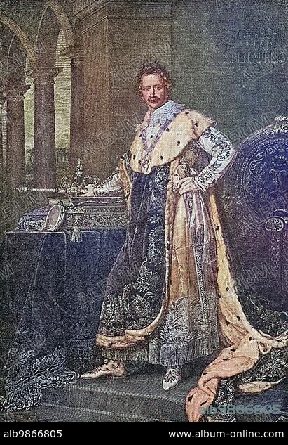 Ludwig I, 25 August 1786, 29 February 1868, was King of Bavaria from 1825 until the revolutions in the German states in 1848, painting by Joseph Karl Stieler, 1826, depicted in coronation robes, digitally enhanced reproduction of an original 19th century print.