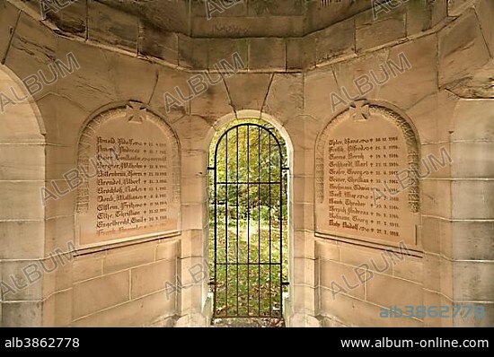 Name plates, War Memorial of the First World War, Schlossberg, Königsberg in Bayern, Lower Franconia, Bavaria, Germany, Europe.