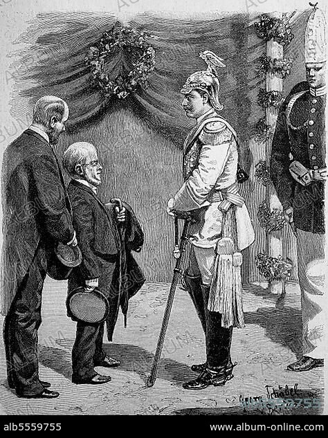 Adolph Friedrich Erdmann Menzel, ab (1898) von Menzel, 8. Dezember 1815, 1905 in Berlin, ein deutscher Maler, Zeichner und Illustrator und Kaiser Wilhelm II. Historisch, digital restaurierte Reproduktion einer Originalvorlage aus dem 18. Jahrhundert, genaues Originaldatum nicht bekannt.