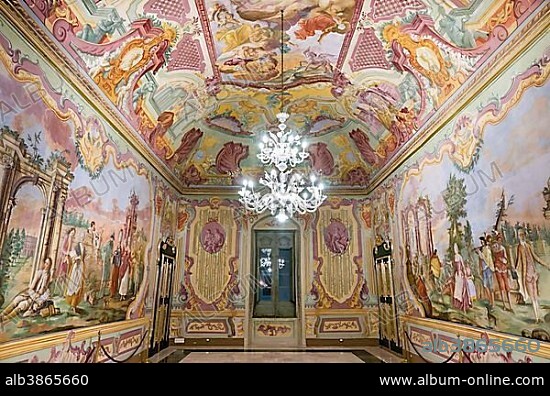 Rococo frescoes by Domenico Carella, Sala dell'Arcadia, Palazzo Ducale, Martina Franca, Valle d'Itria, Apulia, Italy, Europe.