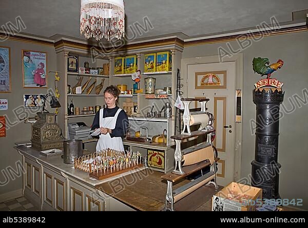 Re-enactment of an historical shop at the Norsk Folkemuseum (Norwegian Museum of Cultural History), BygdÃ¸y, Oslo, Norway, Scandinavia, Europe.