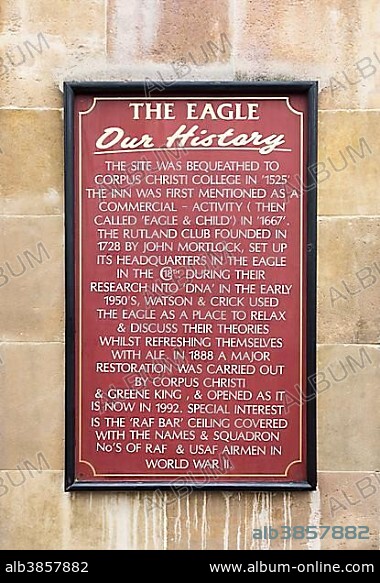 Sign explaining the history of the Eagle Pub in Cambridge, England, United Kingdom, Europe.