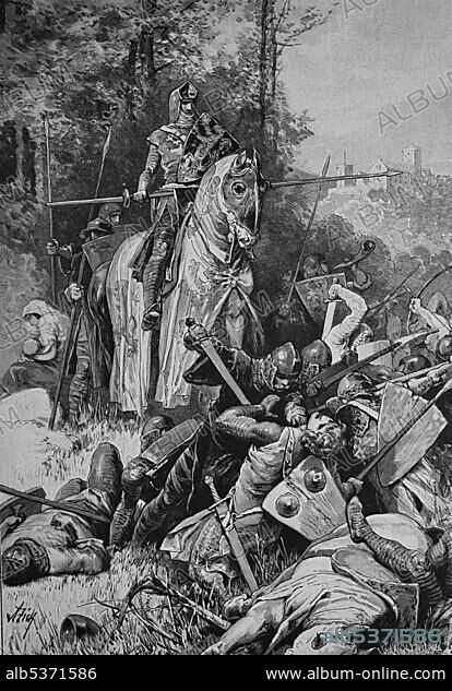 Friedrich der Freidige or Friedrich der Gebissene, holding up enemies with bitten cheek, on of the margraves of Meissen and landgrave of Thuringia, 1257-1323, woodcut, 1888, historic engraving.