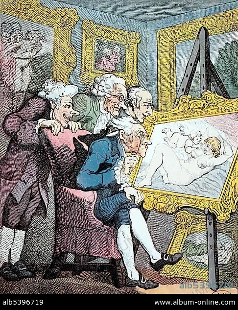 Art connoisseur, English caricature about the lust of men by Thomas Rowlandson, circa 1800.