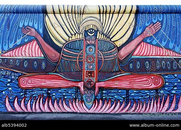 Dr. Narenda Kumar Jain, Painting "The seven stages of enlightenment" by Narendra Kumar Jain, East Side Gallery, remants of the Berlin Wall, Friedrichshain district, Berlin, Germany, Europe.