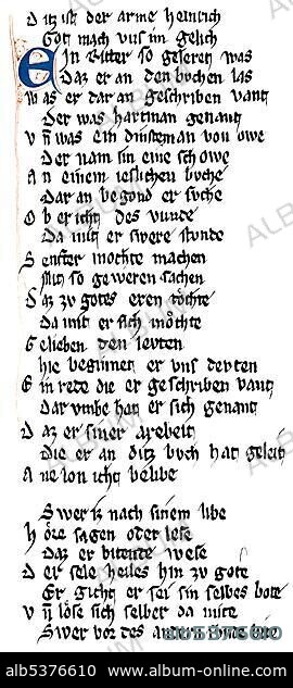 Historic print, manuscript, Hartmann von Aue, epic poet of the Middle High German classical period around 1200, narrative verse, Poor Henry, complaint book, 13th Century, from the Illustrated Atlas of the History of German National Literature by Gustav Koennecke, 1887.