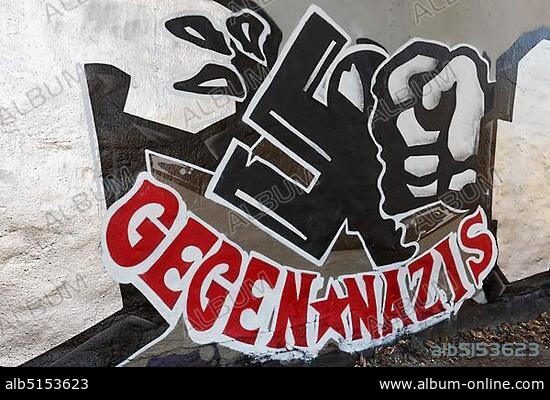 Faust smashes swastika, graffito against Nazis, Düsseldorf, North Rhine-Westphalia, Germany, Europe.