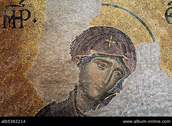 Head of Mary, Deesis mosaic in the South Gallery, Hagia Sophia, Aya Sofya, Sultanahmet, Istanbul, Turkey, Asia.