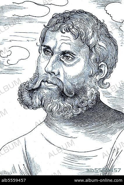 Martin Luther als Junker Jörg, 10. November 1483, 18. Februar 1546, bei seiner Rückkehr auf die Wartburg im Jahr 1522, Replik eines Holzschnitts von Lucas Cranach, digital verbesserte Reproduktion eines Originals aus dem Jahr 1880.