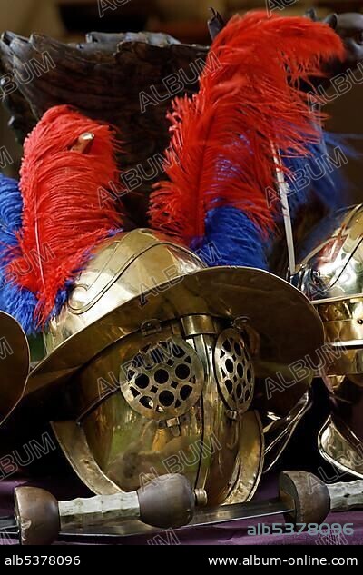 Roman helmet with visor, Gladiator Thraex, Roman Festival, Archaeological Park Xanten, Lower Rhine region, North Rhine-Westphalia, Germany, Europe.